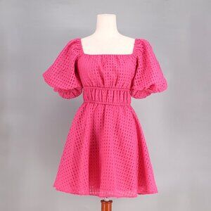 NWT SINCERELY OURS Eyelet Bubble Sleeve Mini Dress Fuchsia Hot Pink Size XS